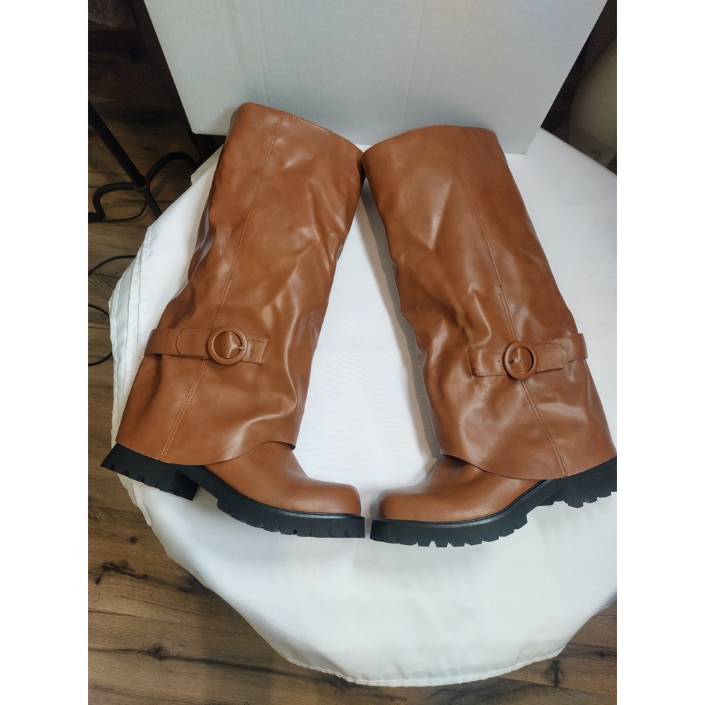 TEAIEUI Brown Faux Leather Fold Over Tall Lug Sole Boots Square Toe Size 9